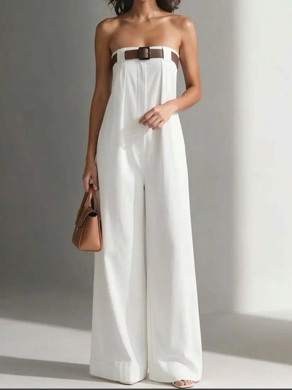 Strapless White Wide-Leg Jumpsuit with Brown Belt Detail